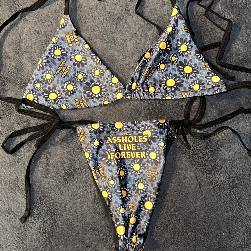 ASSHOLES LIVE FOREVER SILKY SPANDEX THONG SUNFLOWER BIKINI (S)